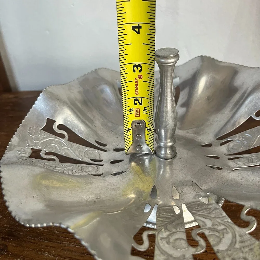 VTG Pierced Aluminum Pedestal Tidbit Serving Tray Candy Dish Bowl Center Handle